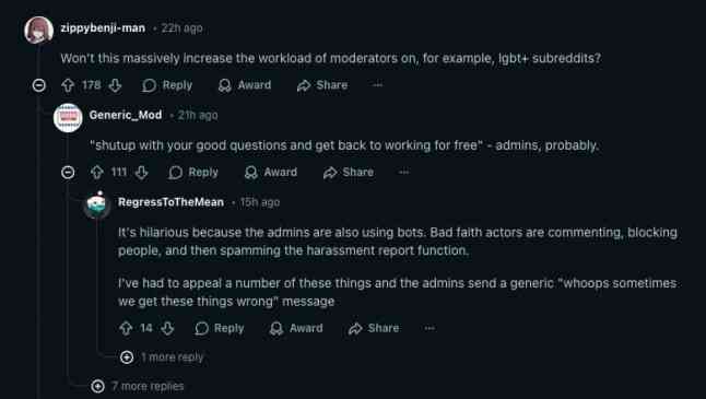 Модераторы Reddit возмущены тем, что сайт заблокировал автоматическую блокировку пользователей, публикующих сообщения в определенных сабреддитах, ботами.