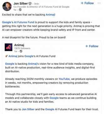 Google инвестирует в студию анимации с использованием искусственного интеллекта для создания видеороликов для детей на YouTube.